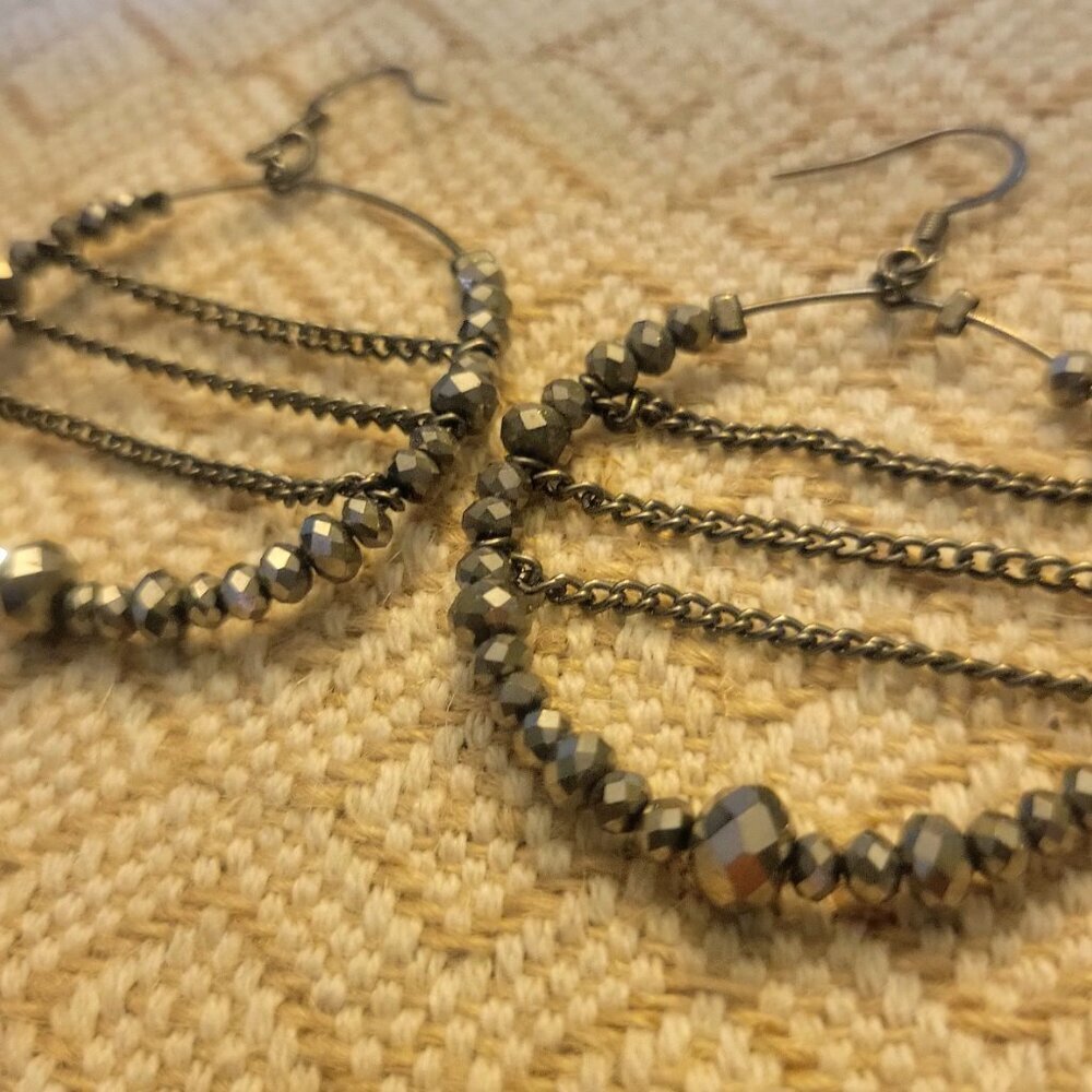 1 3/4 " Diameter Dark Metal Bead Hoop Earrings - Picture 2 of 3